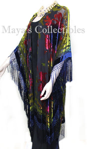 Maya Matazaro Tye Dye Pink Gold Blue Fringe Kimono Burrnout Velvet Jacket Coat