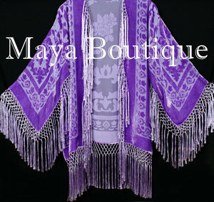 Maya Matazaro Lavender Silk Burnout Velvet Fringe Jacket Short Kimono Hand Dyed