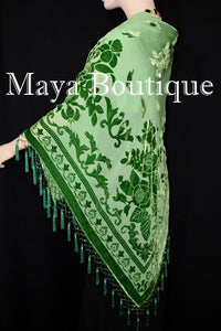 Green Piano Shawl Scarf Wrap All Beaded Silk Burnout Velvet Maya Matazaro
