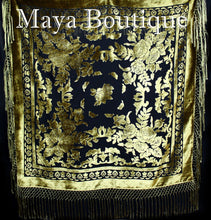 Antique Gold & Black Burnout Velvet Piano Shawl Square Fringed Maya Matazaro