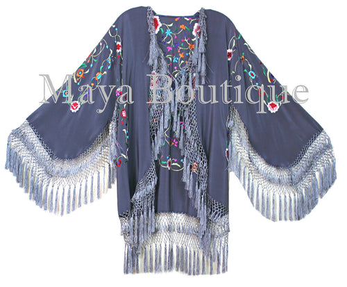 Embroidered Silk Fringe Jacket Flamenco Kimono Lilac Grey Short Maya Matazaro