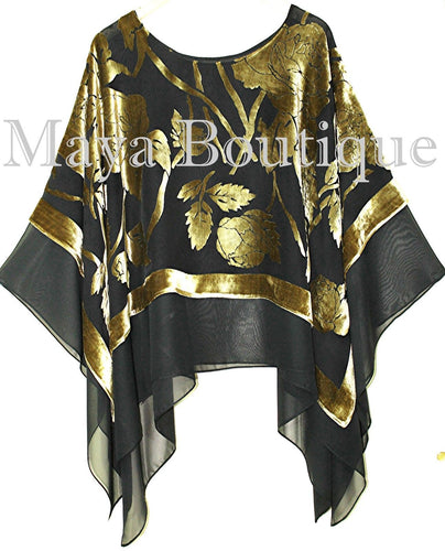 Maya Matazaro Layered Poncho Top Silk Burnout Velvet Chiffon Black Antique Gold