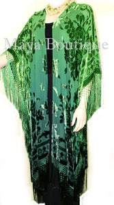 Green Wearable Art Kimono Caftan Fringe Jacket Burnout Velvet Hand Dyed Maya