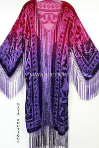 Hand Dyed Burnout Velvet Kimono Jacket Purple Magenta Maya Matazaro Made in USA