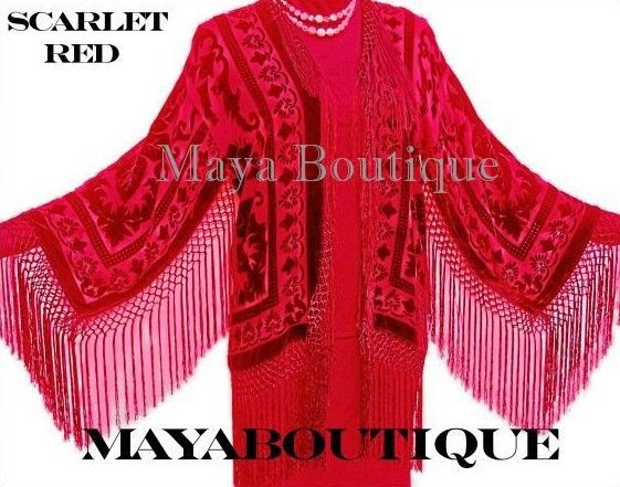 Fringe Jacket Kimono Scarlet Red Silk Burnout Velvet Short Maya Matazaro US Made