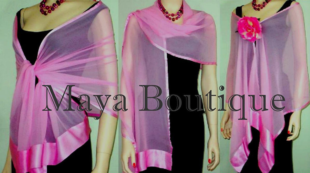 Rose Pink Silk Chiffon Scarf Shawl Wrap Satin Border Maya Boutique + Gift Box