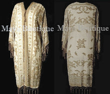 Beige Silk Burnout Velvet Beaded Fringes Jacket Kimono Long Coat Maya Matazaro