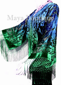 Maya Matazaro Art to Wear Burnout Velvet Kimono Jacket Hand Dyed Green Blue