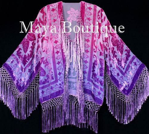 Wearable Art Hand Dyed Velvet Kimono Fringe Jacket Grape Wine Maya Matazaro