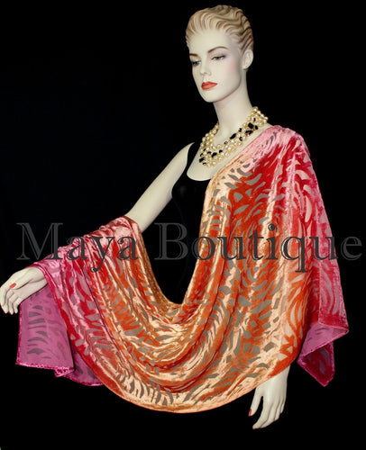Maya Matazaro Hand Dyed Magenta Orange Camellia Shawl Wrap Scarf Burnout Velvet