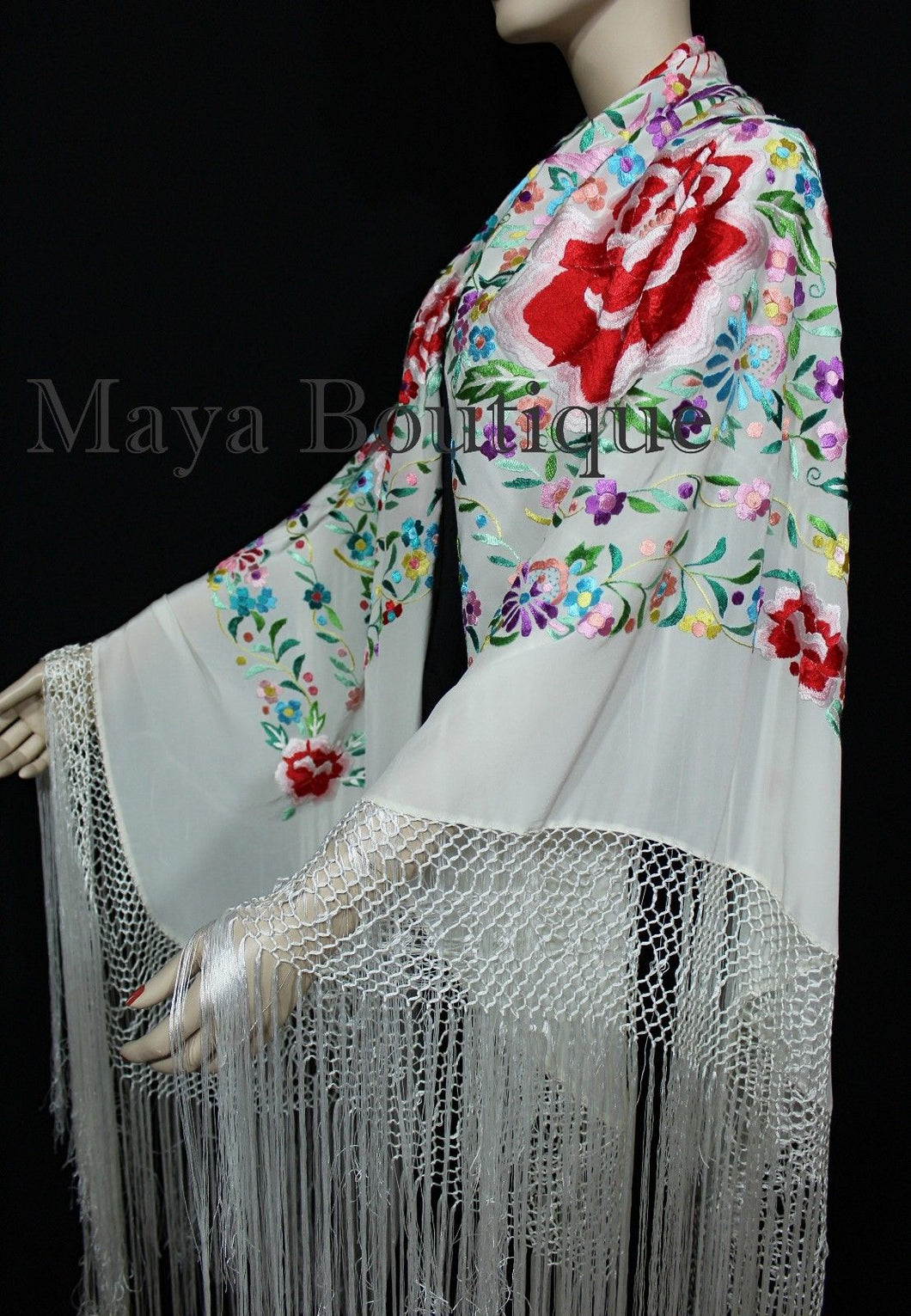 Flamenco Embroidered Silk Piano Shawl Wrap White Flower & Birds Multicolors 90