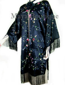 Silk Kimono Duster Coat Kimono All Embroidered & Lined Black Maya Matazaro