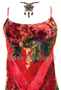 Dress Gown Red Silk Burnout Velvet Beaded Victorian Roses Maya Matazaro L