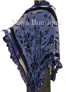Navy Blue Shawl Scarf Wrap Silk Burnout Velvet Triangle Ruffles Maya Matazaro
