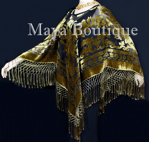 Maya Matazaro Antique Gold & Black Burnout Velvet Poncho Shawl Top With Fringes