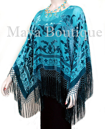Teal Turquoise Silk Burnout Velvet Poncho Kimono Top Shawl Maya Matazaro