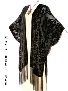 Maya Matazaro Caftan Kimono Duster Burnout Velvet Art Nouveau Black Made in USA