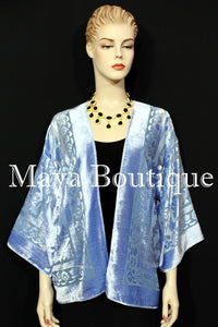 Light Blue Jacket Kimono Burnout Velvet Short No Fringe Hand Dyed Maya Matazaro