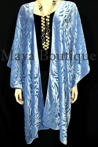 Maya Matazaro Serenity Blue Camellia Burnout Velvet Caftan Kimono Jacket USA