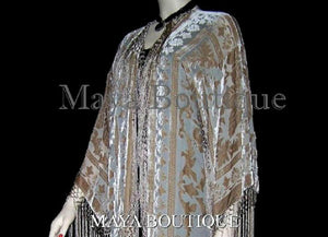 Beige Silk Burnout Velvet Fringe Jacket Kimono Bolero Maya Matazaro