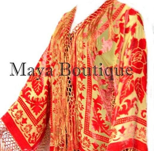 Orange Gold Burnout Velvet Silk Fringe Jacket kimono Long Coat Maya Matazaro