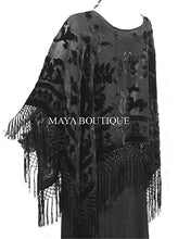 Black Silk Burnout Velvet Poncho Shawl Fringe Top Maya Matazaro One Size