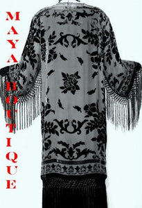 Black Silk Burnout Velvet Fringes Jacket Kimono Long Coat Maya Matazaro