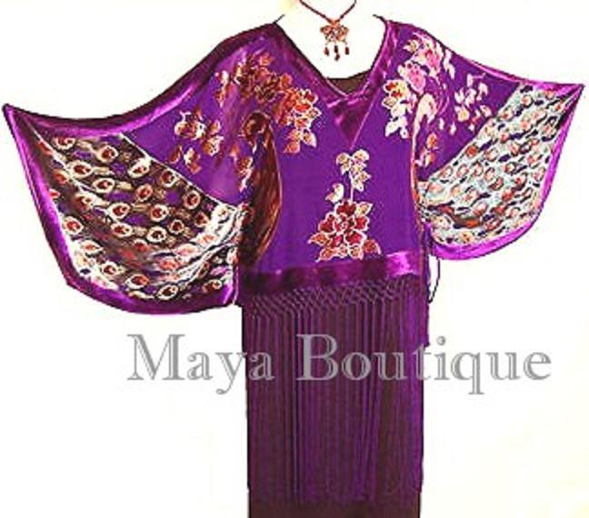 Kimono Poncho Top Blouse Peacock Silk Burnout Velvet Purple Maya Matazaro