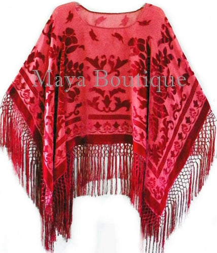 Silk Burnout Velvet Poncho Top Fringe Piano Shawl Wrap True Red Maya Matazaro