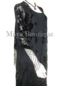 Caftan Duster Fringe Jacket Kimono Opera Coat Black Burnout Velvet Maya Matazaro