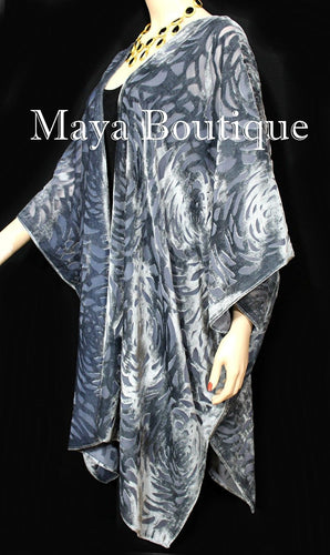 Dusk Gray Camellia Burnout Velvet Caftan Kimono Jacket Maya Matazaro Hand Dyed