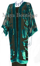 Teal Long Kimono Jacket Silk Burnout Velvet No Fringe Maya Matazaro