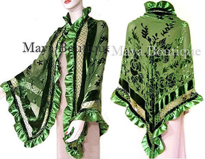 Silk Shawl Wrap Beaded Burnout Velvet Green Triangle Satin Ruffles Maya Matazaro
