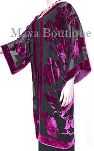Magenta Long Kimono Jacket Silk Burnout Velvet No Fringe Maya Matazaro