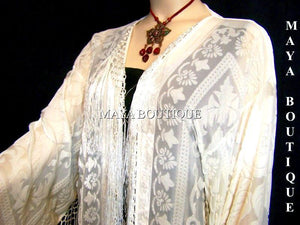 Ivory Maya Matazaro Fringes Jacket Kimono Long Fringe Coat Silk Burnout Velvet