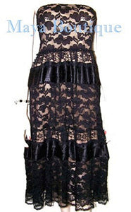 Black Lace Tube Dress / Skirt Embellished With Satin Ribbon Beige Lining S / M