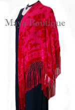 Scarlet Red Silk Burnout Velvet Piano Shawl Wrap Fringed Scarf Maya Matazaro