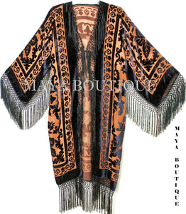 Orange & Black Silk Burnout Velvet Fringes Jacket Kimono Coat Long Maya Matazaro