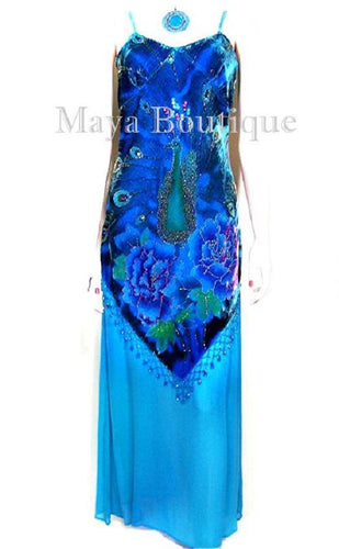 Turquoise Dress Gown Silk Burnout Velvet Beaded Peacock Maya Matazaro M