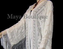 Ivory Maya Matazaro Fringes Jacket Kimono Long Fringe Coat Silk Burnout Velvet