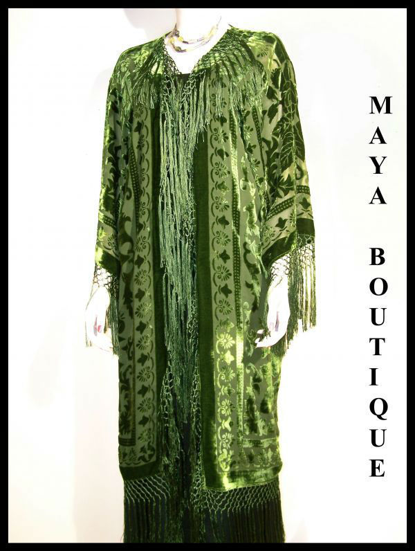 Fringe Jacket Kimono Silk Burnout Velvet Olive Green