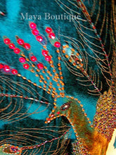 Turquoise Dress Gown Silk Burnout Velvet Beaded Peacock Maya Matazaro M