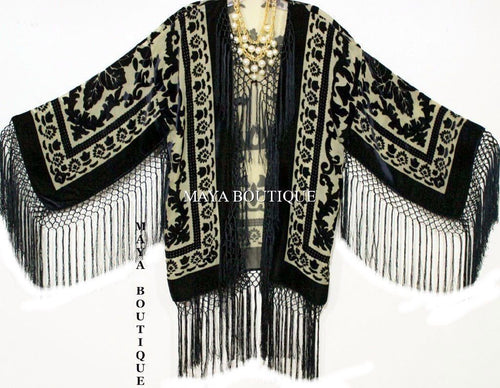 Maya Matazaro Silk Burnout Velvet Fringe Jacket Kimono Bolero Beige & Black
