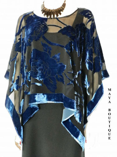 Silk Burnout Velvet Poncho Kimono Top Sapphire & Black No Fringe Maya Matazaro