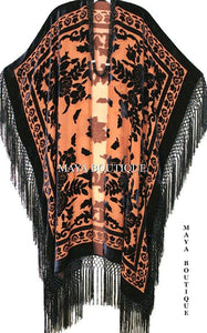Caftan Duster Fringe Jacket Kimono Tangerine & Black Silk Burnout Velvet Maya