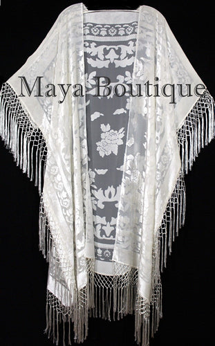 Ivory Kaftan Duster Fringe Jacket Kimono Opera Coat Burnout Velvet Maya Matazaro