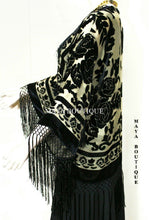 Maya Matazaro Fringe Jacket Kimono Bolero Silk Burnout Velvet Beige & Black