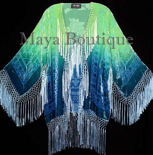 Burnout Velvet Silk Fringe Jacket Kimono Hand dyed Green Teal Maya Wearable Art