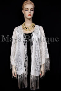 Maya Matazaro Ivory Fringes Jacket Kimono Short Coat Silk Burnout Velvet
