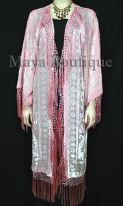 Rose Quartz Fringes Jacket Kimono Long Coat Silk Burnout Velvet Maya Matazaro
